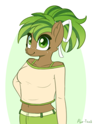 Size: 1245x1662 | Tagged: safe, artist:puetsua, oc, oc only, oc:evergreen breeze, earth pony, anthro, anthro oc, belly button, clothes, cute, eyelashes, female, freckles, mare, midriff, pants, smiling, sweater