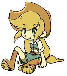 Size: 1249x1405 | Tagged: safe, artist:hacha, applejack, human, equestria girls, g4, applejack's hat, belt, boots, clothes, cowboy hat, cute, denim skirt, female, hat, human coloration, humanized, jackabetes, pixiv, rolled up sleeves, shoes, sitting, skirt, solo, stetson, strategically covered