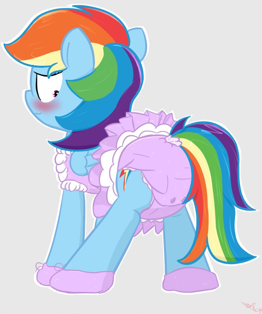 1974375 - safe, artist:ricktin, rainbow dash, pony, g4, adult foal,  blushing, booties, clothes, diaper, diaper fetish, female, fetish, frilly,  non-baby in diaper, onesie, rainbow dash always dresses in style, simple  background, solo,