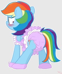 Size: 1070x1280 | Tagged: safe, artist:ricktin, rainbow dash, pony, g4, adult foal, blushing, booties, clothes, diaper, diaper fetish, female, fetish, frilly, non-baby in diaper, onesie, rainbow dash always dresses in style, simple background, solo, tutu