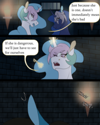 Size: 1768x2196 | Tagged: safe, artist:moonaknight13, princess celestia, princess luna, oc, oc:taylor queen, pony, comic:the magic within, g4, door, dungeon, key, torch