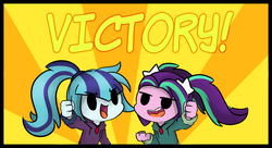 Size: 1280x698 | Tagged: safe, artist:jankrys00, aria blaze, sonata dusk, equestria girls, g4, ariabetes, chibi, choker, clothes, cute, duo, fist pump, glare, hair ornament, happy, hoodie, pigtails, ponytail, reaction image, smiling, smirk, sonatabetes, sunburst background, text, victory