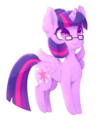 Size: 953x1144 | Tagged: safe, artist:sacredshedinja, twilight sparkle, alicorn, pony, g4, alternate hairstyle, cute, cutie mark, female, glasses, hair bun, mare, simple background, smiling, solo, spread wings, starry eyes, transparent background, twiabetes, twilight sparkle (alicorn), wingding eyes, wings