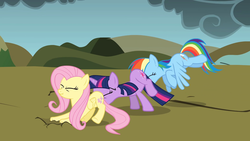 Size: 1920x1080 | Tagged: safe, screencap, fluttershy, rainbow dash, twilight sparkle, pegasus, pony, unicorn, dragonshy, g4, dragon mountain, faceful of ass, female, fetish fuel, map, mare, mountain, out of context, pushing, rump push, saddle bag