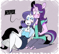 Size: 1280x1177 | Tagged: safe, artist:drmedrick, rarity, starlight glimmer, unicorn, anthro, g4, blushing, breasts, clothes, dialogue, female, leaning, lesbian, sapphire eye rarity, shipping, starity
