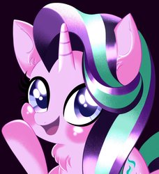 Size: 1549x1697 | Tagged: safe, artist:dommadesigns, starlight glimmer, pony, unicorn, g4, black background, blushing, chest fluff, cute, female, glimmerbetes, looking at you, mare, open mouth, raised hoof, simple background, solo