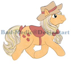 Size: 1400x1280 | Tagged: safe, artist:bad-medic, applejack, earth pony, pony, g1, g4, applejack's hat, bow, cowboy hat, deviantart watermark, female, g4 to g1, generation leap, hat, obtrusive watermark, saddle, simple background, solo, sticker, sticker design, tack, tail bow, transparent background, watermark