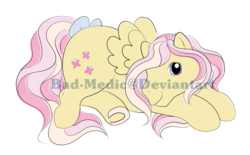 Size: 2066x1280 | Tagged: safe, artist:bad-medic, fluttershy, pegasus, pony, g1, g4, bow, deviantart watermark, female, g4 to g1, generation leap, obtrusive watermark, simple background, solo, sticker, sticker design, tail bow, transparent background, watermark