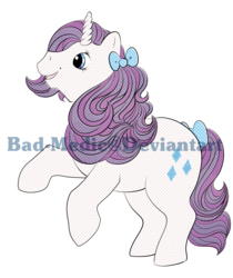 Size: 1280x1522 | Tagged: safe, artist:bad-medic, rarity, pony, unicorn, g1, g4, bow, deviantart watermark, female, g4 to g1, generation leap, obtrusive watermark, simple background, solo, sticker, sticker design, tail bow, transparent background, watermark