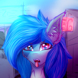 Size: 800x800 | Tagged: safe, artist:xeniusfms, oc, oc only, oc:aphelion riley, bat pony, pony, bust, female, mare, open mouth, tongue out