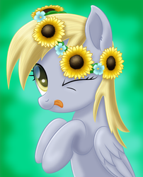 Size: 806x997 | Tagged: safe, artist:lifesharbinger, derpy hooves, pegasus, pony, g4, cute, derpabetes, female, floral head wreath, flower, flower in hair, mare, one eye closed, solo, sunflower, tongue out