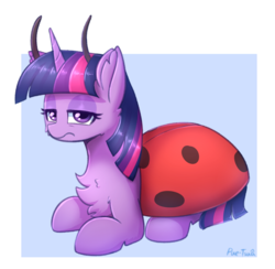 Size: 1500x1466 | Tagged: safe, artist:puetsua, twilight sparkle, alicorn, ladybug, pony, g4, annoyed, becoming what you fear, chest fluff, clothes, costume, cute, ear fluff, female, irony, looking at you, mare, sad, solo, twiabetes, twilight hates ladybugs, unamused