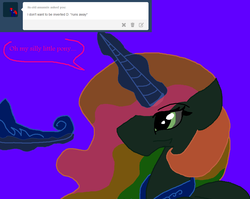 Size: 1074x854 | Tagged: safe, artist:dazzlingmimi, princess celestia, alicorn, pony, tumblr:the sun has inverted, g4, ask, blue background, color change, crown, darkened coat, female, glowing horn, green eye, horn, implied inversion, indigo background, invert princess celestia, inverted, inverted colors, inverted princess celestia, jewelry, purple background, rainbow hair, regalia, sidemouth, simple background, solo, speech bubble, tiara, tumblr, violet background, word bubble