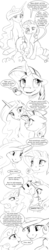Size: 1280x6595 | Tagged: safe, artist:silfoe, princess celestia, rarity, sweetie belle, alicorn, pony, unicorn, royal sketchbook, g4, bisexuality, black and white, comic, cutie mark, dialogue, female, filly, foal, grayscale, lesbian, lineart, mare, monochrome, protective little sister, ship:rarilestia, shipping, simple background, speech bubble, the cmc's cutie marks, trio, white background
