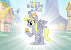 Size: 3457x2452 | Tagged: safe, artist:andoanimalia, derpy hooves, pegasus, pony, g4, cute, derpabetes, derpy day, derpy day 2019, fake horn, female, food, high res, muffin, ponyville, solo