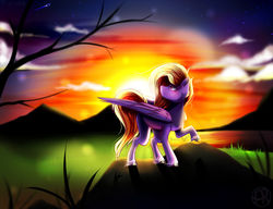 Size: 1024x788 | Tagged: safe, artist:artquake1511, oc, oc only, unnamed oc, pegasus, pony, cloud, grass, hill, looking at something, mountain, mountain range, scenery, shore, solo, standing, sun, sunset, tree