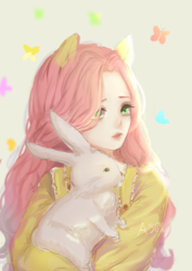 Size: 2480x3508 | Tagged: dead source, safe, artist:森喵喵喵, angel bunny, fluttershy, human, g4, female, high res, humanized, pony ears