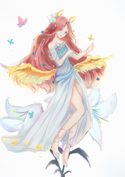 Size: 2480x3508 | Tagged: dead source, safe, artist:森喵喵喵, fluttershy, butterfly, human, g4, clothes, dress, female, high heels, high res, humanized, looking at you, pony ears, shoes, solo, winged humanization, wings