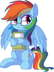 Size: 5837x7824 | Tagged: safe, artist:cyanlightning, rainbow dash, pegasus, pony, g4, .svg available, absurd resolution, book, cute, dashabetes, dork, ear fluff, egghead, egghead dash, female, glasses, mare, nerd, simple background, sitting, smiling, solo, spread wings, transparent background, vector, wings