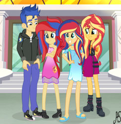 Size: 3230x3312 | Tagged: safe, artist:afterglowsentry, flash sentry, sunset shimmer, oc, equestria girls, g4, converse, family, female, high res, male, offspring, parent:flash sentry, parent:sunset shimmer, parents:flashimmer, ship:flashimmer, shipping, shoes, straight