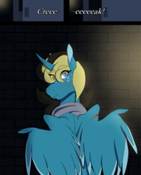 Size: 1768x2196 | Tagged: safe, artist:moonaknight13, oc, oc:taylor queen, alicorn, pony, comic:the magic within, alicorn oc, door, dungeon, freckles, injured, looking at you, looking back, looking back at you, scar, scratches, towel