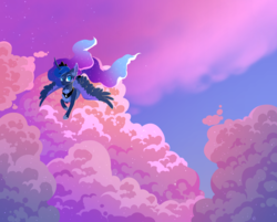 Size: 1305x1051 | Tagged: safe, artist:makkah, princess luna, alicorn, pony, g4, cloud, color porn, detailed background, female, flying, looking up, mare, markings, redesign, solo, stars, two toned wings