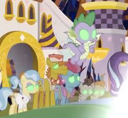 Size: 781x720 | Tagged: safe, screencap, carrot cake, cup cake, pound cake, pumpkin cake, spike, dragon, earth pony, pegasus, pony, unicorn, g4, season 9, the beginning of the end, colt, cropped, female, filly, foal, glowing eyes, male, mare, mind control, stallion, winged spike, wings