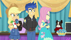 Size: 1920x1080 | Tagged: safe, screencap, applejack, banana (g4), flash sentry, fluttershy, dog, best in show: the pre-show, equestria girls, g4, my little pony equestria girls: better together, microphone