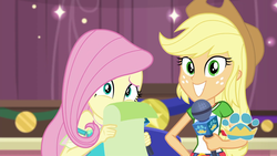 Size: 1920x1080 | Tagged: safe, screencap, applejack, fluttershy, best in show: the pre-show, equestria girls, g4, my little pony equestria girls: better together, female, microphone