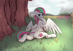 Size: 4096x2875 | Tagged: safe, artist:yoditax, blossomforth, pegasus, pony, g4, blossombutt, butt, female, flexible, grass, human shoulders, humanoid torso, looking at you, looking back, looking back at you, mare, plot, solo, that pony sure is flexible, tree