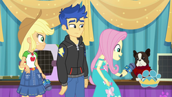Size: 1920x1080 | Tagged: safe, screencap, applejack, banana (g4), flash sentry, fluttershy, dog, best in show: the pre-show, equestria girls, g4, my little pony equestria girls: better together, clothes, confused, cowboy hat, denim skirt, dress, female, freckles, frown, hat, hoodie, male, microphone, open mouth, skirt, smiling, stetson