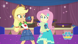 Size: 1920x1080 | Tagged: safe, screencap, applejack, fluttershy, best in show: the pre-show, equestria girls, g4, my little pony equestria girls: better together, female, microphone