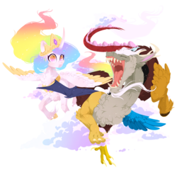 Size: 1270x1232 | Tagged: safe, artist:makkah, discord, princess celestia, alicorn, draconequus, pony, g4, chest fluff, cloud, collar, colored wings, colored wingtips, ear fluff, ethereal mane, flowing mane, flying, friendship, jewelry, laughing, neck fluff, necklace, open mouth, regalia, sparkles, surprised, wingding eyes