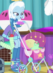Size: 513x704 | Tagged: safe, screencap, jvj-24601, trixie, dog, robot, best in show: the pre-show, equestria girls, equestria girls series, g4, spoiler:eqg series (season 2), cropped, cute, diatrixes, female, offscreen character, pet carrier, stroller, trixie's dog