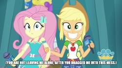 Size: 888x499 | Tagged: safe, screencap, applejack, fluttershy, best in show: the pre-show, equestria girls, equestria girls series, g4, spoiler:eqg series (season 2), caption, female, image macro, microphone, text