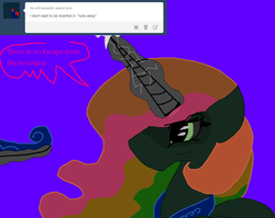 Size: 1074x854 | Tagged: safe, artist:dazzlingmimi, princess celestia, alicorn, pony, tumblr:the sun has inverted, g4, ask, blue background, color change, crown, darkened coat, female, glowing horn, green eye, horn, implied inversion, indigo background, inversion spell, invert princess celestia, inverted, inverted colors, inverted princess celestia, jewelry, purple background, rainbow hair, regalia, sidemouth, simple background, solo, speech bubble, tiara, tumblr, violet background, word bubble
