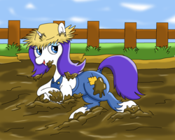 Size: 2000x1600 | Tagged: safe, artist:amateur-draw, rarity, pony, unicorn, g4, clothes, female, hat, messy, mud, mud pony, muddy, on side, overalls, pig pen, rarihick, solo, straw hat, tail, tail hole, wet and messy