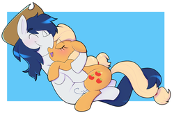 Size: 3787x2476 | Tagged: safe, artist:norithecat, applejack, oc, oc:constance everheart, earth pony, pony, g4, applejack's hat, blushing, canon x oc, cowboy hat, duo, everjack, eyes closed, female, floppy ears, freckles, hat, high res, hug, male, mare, open mouth, shipping, smiling, stallion, straight
