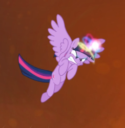 Size: 578x592 | Tagged: safe, screencap, twilight sparkle, alicorn, pony, g4, season 4, twilight's kingdom, angry, cropped, female, flying, furious, glowing horn, gritted teeth, horn, magic, solo, spread wings, twilight sparkle (alicorn), wings