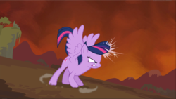 Size: 1667x940 | Tagged: safe, screencap, twilight sparkle, alicorn, pony, g4, season 4, twilight's kingdom, female, fight, furious, glowing horn, gritted teeth, horn, mare, narrowed eyes, solo, spread wings, twilight sparkle (alicorn), windswept mane, wings