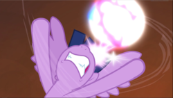 Size: 1668x940 | Tagged: safe, screencap, twilight sparkle, alicorn, pony, g4, season 4, twilight's kingdom, female, flying, furious, glowing horn, gritted teeth, hooves in air, horn, magic, mare, nose in the air, solo, spread wings, super saiyan princess, twilight sparkle (alicorn), wings