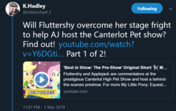 Size: 1061x671 | Tagged: safe, applejack, fluttershy, best in show: the pre-show, equestria girls, g4, my little pony equestria girls: better together, katrina hadley, meta, text, twitter