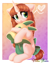 Size: 2040x2586 | Tagged: safe, artist:nika-rain, oc, oc only, pony, unicorn, bow, cute, female, floppy ears, green eyes, heart, high res, hug, looking away, mare, simple background, sitting, solo, tail bow
