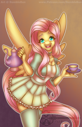 Size: 990x1530 | Tagged: safe, artist:bumblebun, fluttershy, pegasus, anthro, g4, breasts, cleavage, clothes, female, food, kettle, looking at you, miniskirt, open mouth, pleated skirt, skirt, smiling, socks, solo, tea, thigh highs, zettai ryouiki