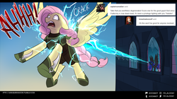 Size: 1500x837 | Tagged: safe, artist:cosmalumi, fluttershy, nightmare moon, pony, tumblr:ask queen moon, g4, magic, this will end in pain
