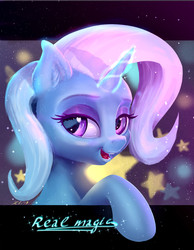 Size: 1829x2356 | Tagged: safe, artist:xbi, trixie, pony, unicorn, g4, bedroom eyes, bust, female, looking at you, magic, mare, portrait, solo, stars, text