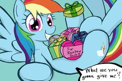 Size: 880x586 | Tagged: safe, artist:noupu, rainbow dash, pegasus, pony, g4, birthday, dialogue, female, on back, present, rainbow dash day, rainbow dash's birthday, simple background, smiling, solo, talking to viewer