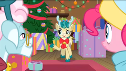 Size: 1136x640 | Tagged: safe, screencap, alice the reindeer, aurora the reindeer, pinkie pie, deer, pony, reindeer, g4, my little pony best gift ever, needs more jpeg, present, tree