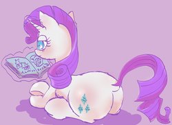 Size: 855x623 | Tagged: safe, artist:noupu, rarity, pony, unicorn, g4, butt, dock, female, magazine, magic, plot, rearity, simple background, solo, telekinesis