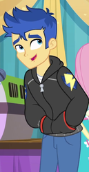 Size: 525x1019 | Tagged: safe, screencap, flash sentry, fluttershy, best in show: the pre-show, equestria girls, g4, my little pony equestria girls: better together, clothes, cropped, hand in pocket, hoodie, male, microphone, offscreen character, smiling